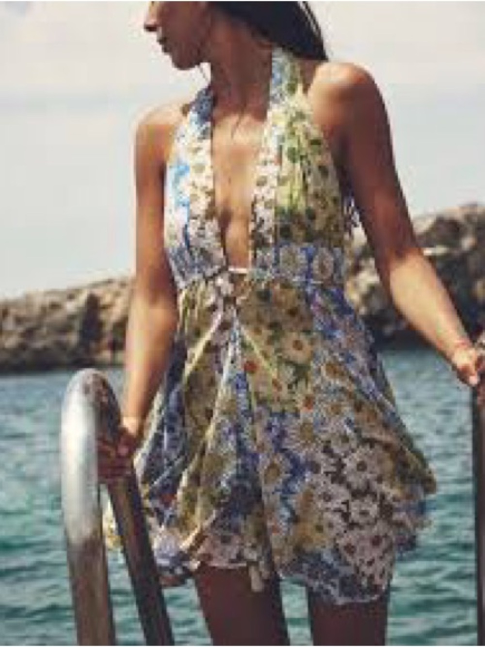 Zara Floral Halter Dress in Blue, Green & Yellow